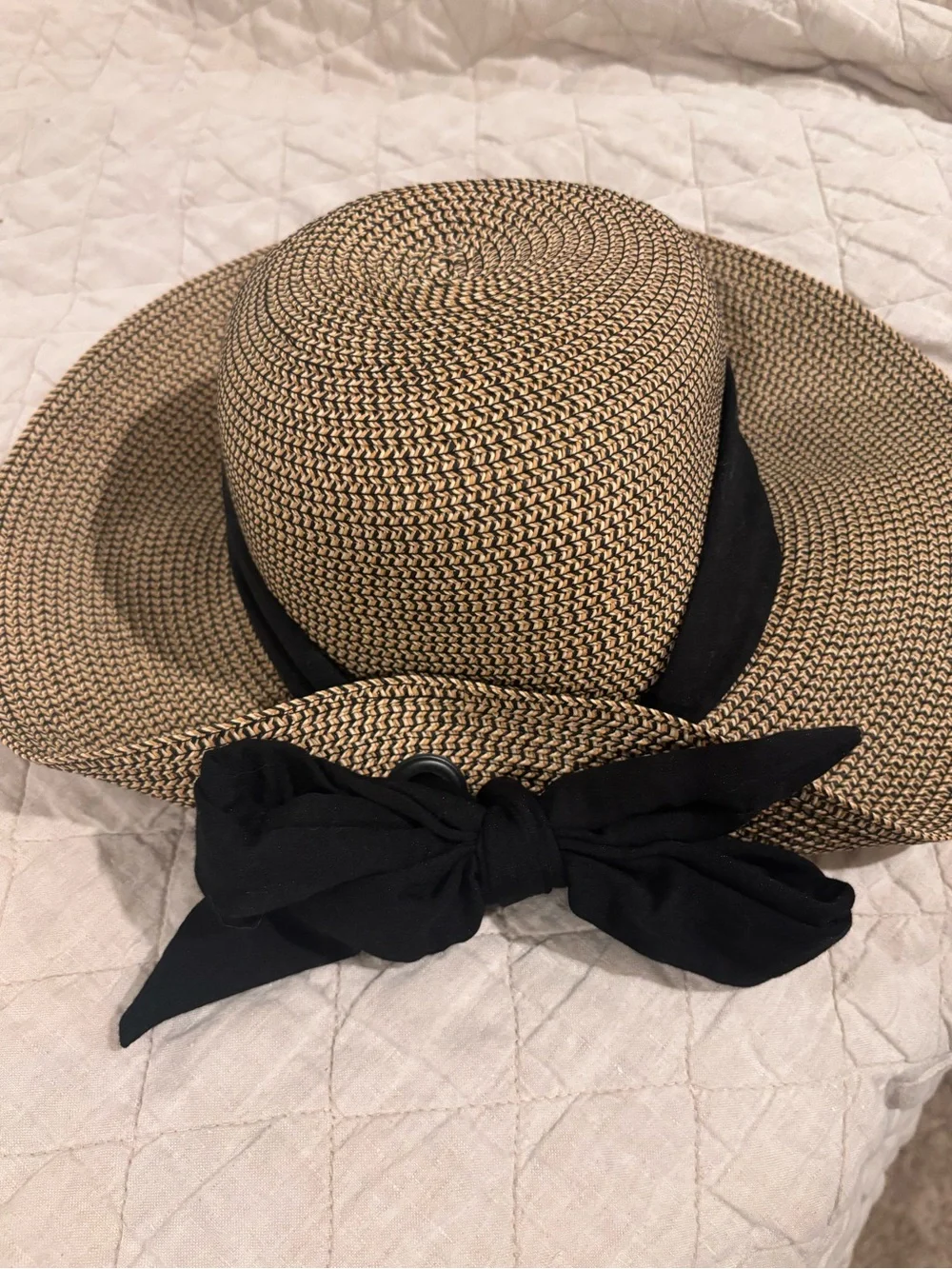 Nine West Packable Wide Brim Straw Sun Hat Black Bow Beach Resort OS